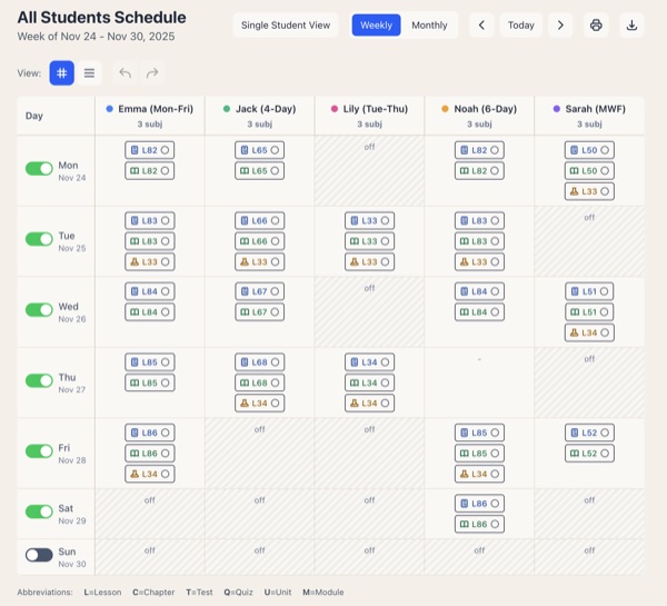 Family schedule view showing multiple students' weekly schedules